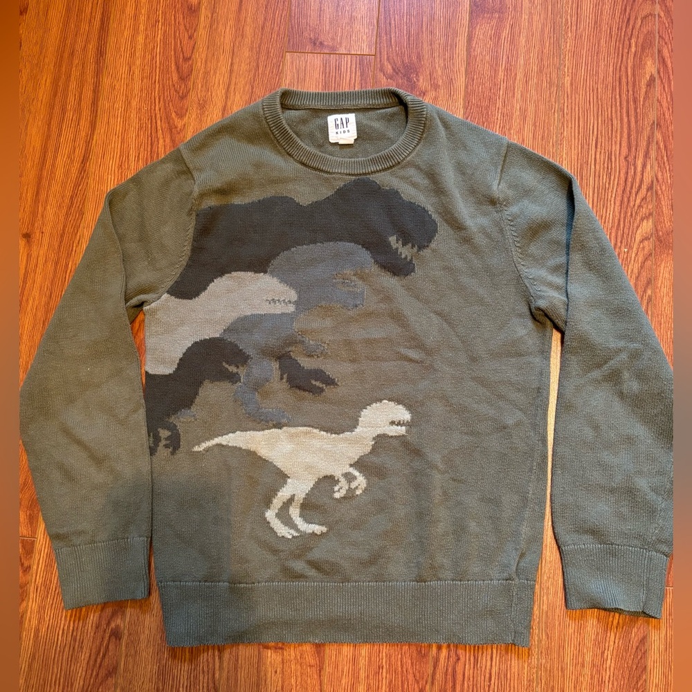 Gap Boys Long Sleeve Green Dinosaur Crew Neck Sweater Cotton Knit